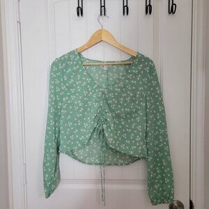 AMUSE SOCIETY Top Blouse Womens Medium Green Crop Floral Long Sleeve